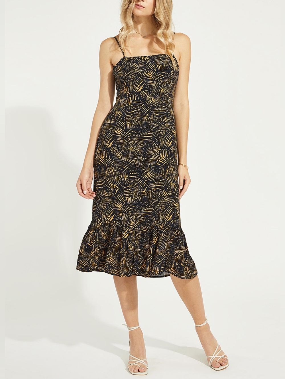 Gentle Fawn Black & Gold Leaf Print Spaghetti Strap Ruffle Hem Dress L